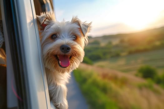 animal travel, happy dog with head out of the car window having fun, traveling concept.