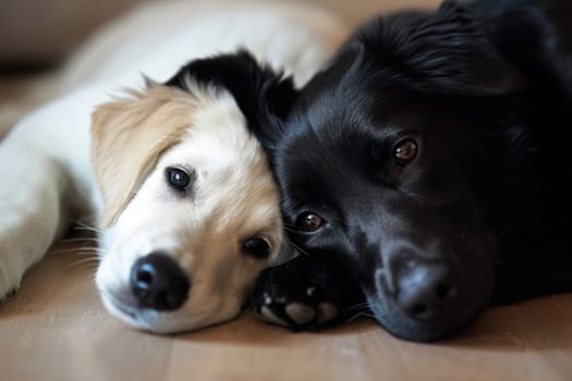 white dog and black cat looking at the camera lying together on the floor.AI generative.