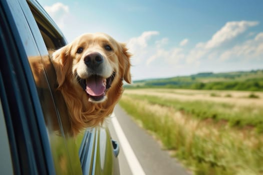 animal travel, happy dog with head out of the car window having fun, traveling concept.