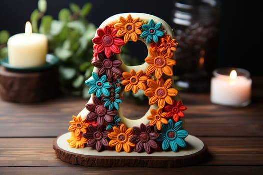 Number 8 with plasticine flowers on a wood background. Women's day, birthday concept.