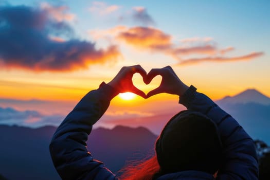 A woman makes a heart-shaped gesture, while the sunset. AI Background.