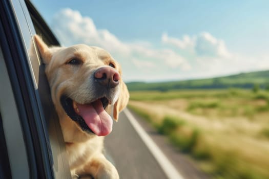 animal travel, happy dog with head out of the car window having fun, traveling concept.