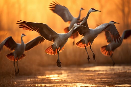 A flock of Sandhill Cranes during their fall migration. AI generative.