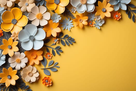 Spring, summer yellow background with cut paper style flowers and place for text.