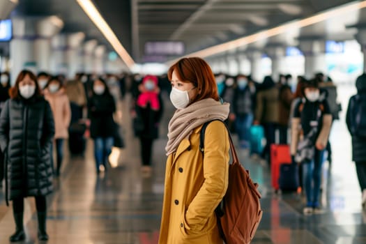 people Traveling line up apart at Airport with Face Mask - Generative AI.