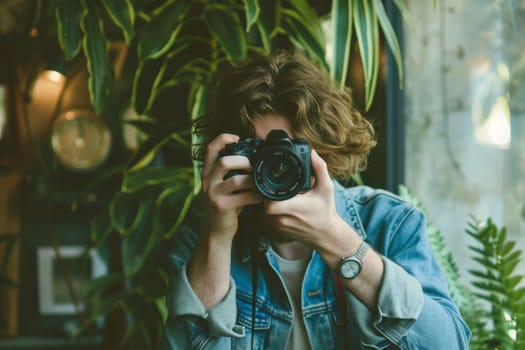 Portrait of a photographer holding his camera, Photographer on photo shoot, vintage style.