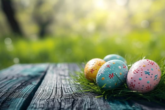 Happy Easter, Empty wooden table easter eggs theme on garden background, easter eggs background.