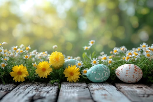Happy Easter, Empty wooden table easter eggs theme on garden background, easter eggs background.