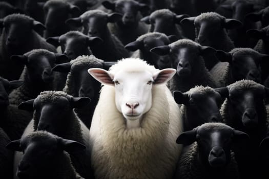 A flock of black sheep with white in the middle. generative ai.