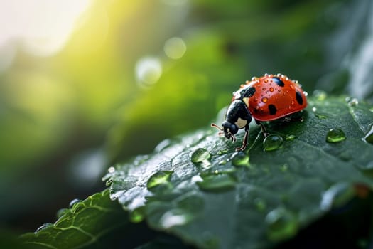 red ladybug on a green leaf. Generative AI.