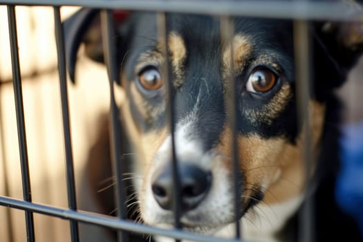 close up Sad large dogs caught in cage. Generative AI.