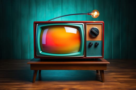 A vintage TV in paint stands on a wooden table near a burgundy wall.