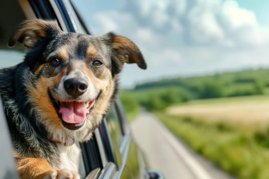 animal travel, happy dog with head out of the car window having fun, traveling concept.