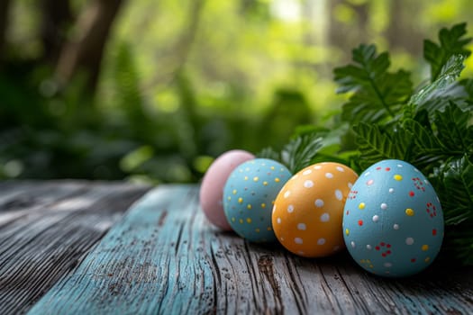 Happy Easter, Empty wooden table easter eggs theme on garden background, easter eggs background.