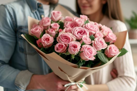 a woman holding a bouquet of roses.ai generative.