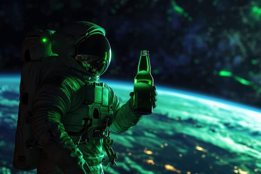 An astronaut drinks some green beer on the planet. saint Patrick's day concept. Generative AI..
