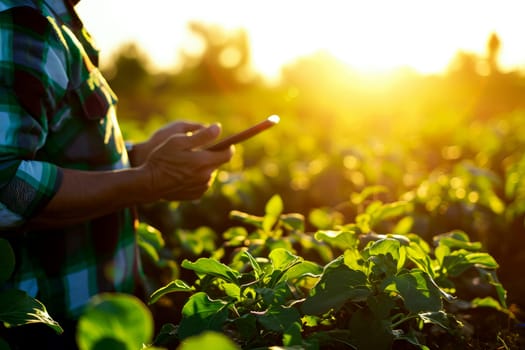 a farmer standing in field with table. Generative AI..