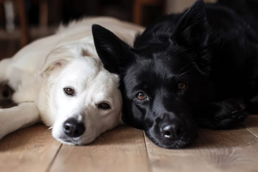 white dog and black cat looking at the camera lying together on the floor.AI generative.