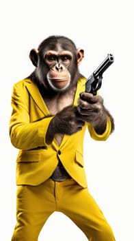 a monkey hold a gun in white background. Generative AI..