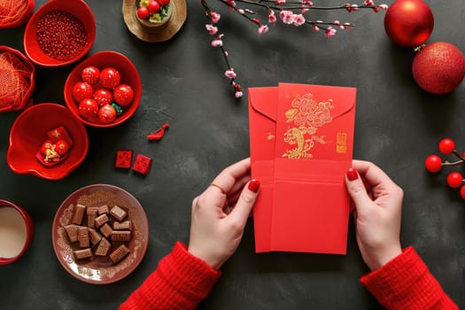hand woman holding with blank red card. Chinese new year concept .generative ai.