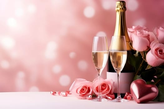 valentine day celebration with champagne, bokeh background. Generative AI.