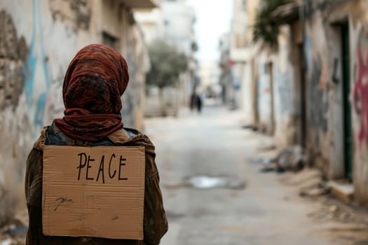 Arab woman hold PEACE cardboard in the city background . AI generated,.