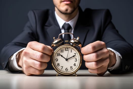 Concept of time management with man and big clock. Generative AI..