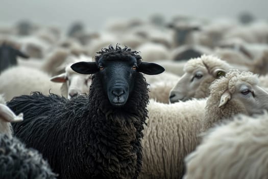 A flock of white sheep with black in the middle. generative ai.