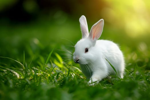a rabbit running in a field of green grass. generative ai.