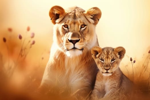 Mother love between lovely a lion and a cub created. generative ai.