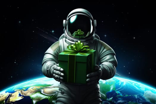 An astronaut holding a Saint Patrick's Day gift box on the moon, . Generative AI..