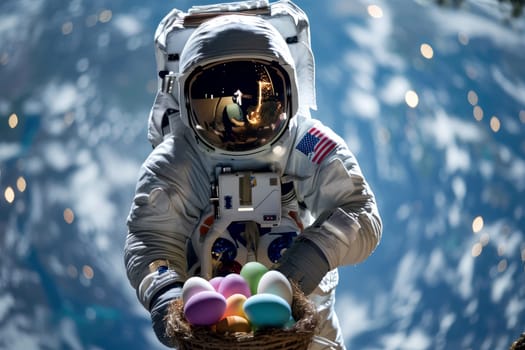 A space astronaut hold Easter eggs in basket. earth planet background. Generative ai.