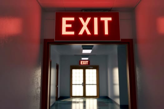 The Exit sign glowing in red shows the word EXIT to doorway. Generative AI..