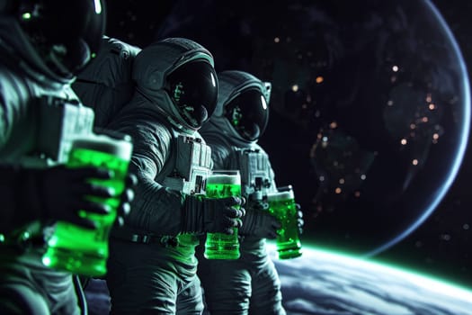 An astronaut drinks some green beer on the planet. saint Patrick's day concept. Generative AI..