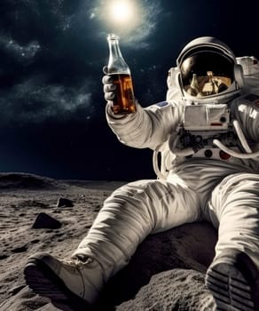 Astronaut sitting on the moon drinking beer, Generative AI.