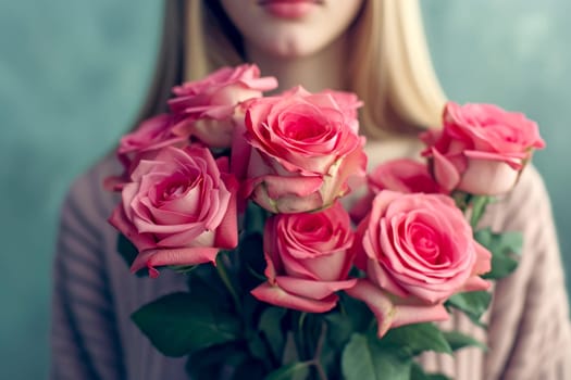 a woman holding a bouquet of roses.ai generative.