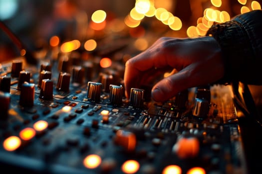 Hands of professional sound producer working on mixing desk in recording studio, Generative AI.