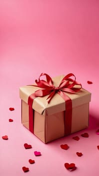 Valentine's day gift. Banner design with present box and hearts on red background