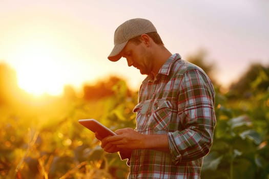 a farmer standing in field with table. Generative AI..