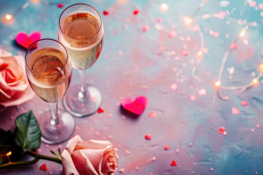 valentine day celebration with champagne, bokeh background. Generative AI.