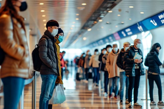 people Traveling line up apart at Airport with Face Mask - Generative AI.