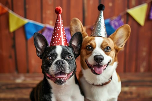 French bull dog wearing a paper party hat . AI generative.