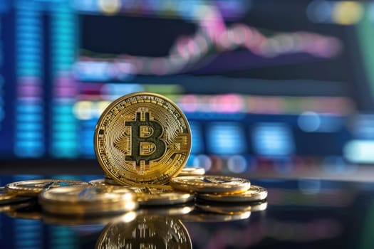 Bitcoin cryptocurrency with pile of coins . generative ai.