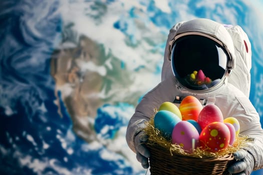 A space astronaut hold Easter eggs in basket. earth planet background. Generative ai.