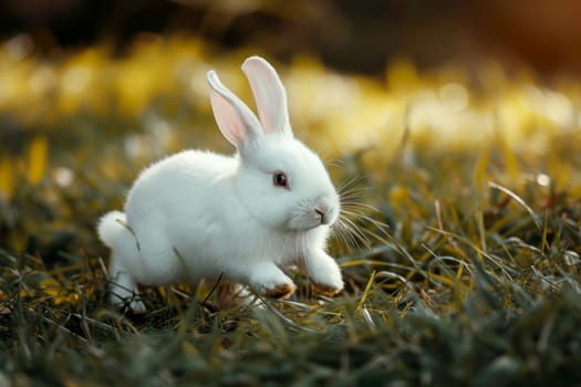 a rabbit running in a field of green grass. generative ai.