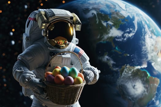 A space astronaut hold Easter eggs in basket. earth planet background. Generative ai.