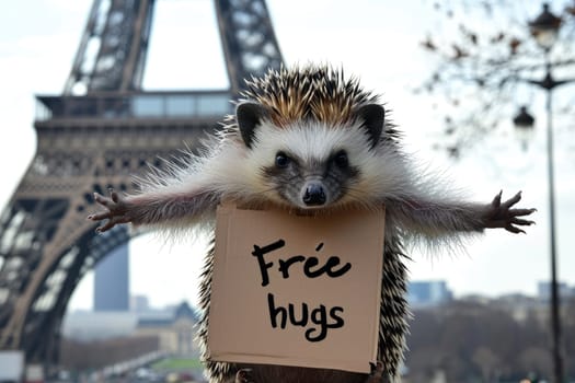 a hedgehog with Free hugs banner amused , generative ai.