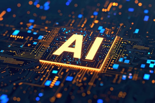 AI text on CPU Circuit board, Artificial Intelligence concept. AI generative.