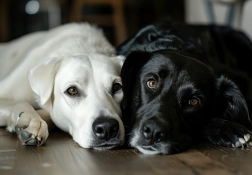 white dog and black cat looking at the camera lying together on the floor.AI generative.