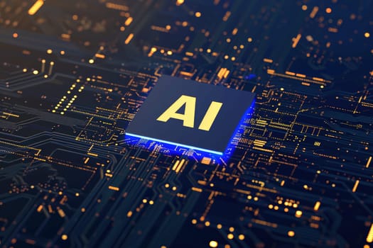 AI text on CPU Circuit board, Artificial Intelligence concept. AI generative.